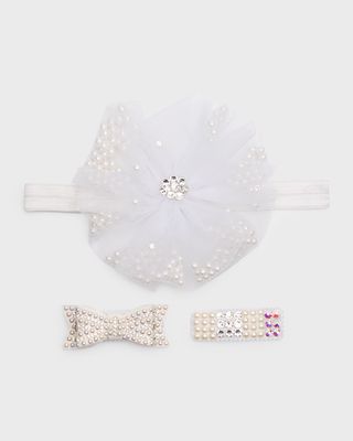 Girl's 3-Piece Tulle Layer Bow Headband and Hair Clips Set