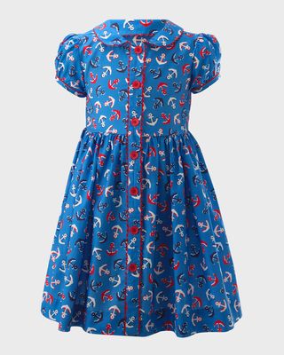 Girl's Anchor-Print Cotton Button-Front Dress, Size 2-10