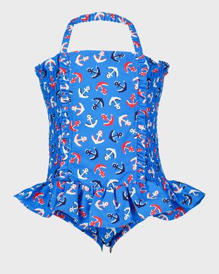 Girl's Anchor Ruched Swimsuit, Size 2Y-10Y