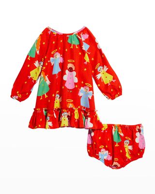 Girl's Angels And Stars Twill Dress W/ Bloomers, Size 12M-36M