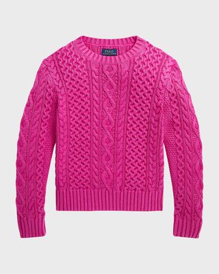 Girl's Aran-Knit Cotton Sweater, Size S-XL