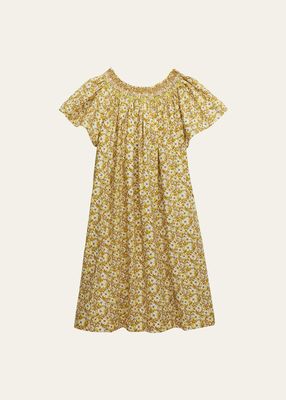 Girl's Arlene Floral-Print Hand Smocked Dress, Size 4-12