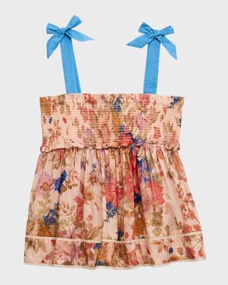Girl's August Shirred Floral-Print Top, Size 2-12