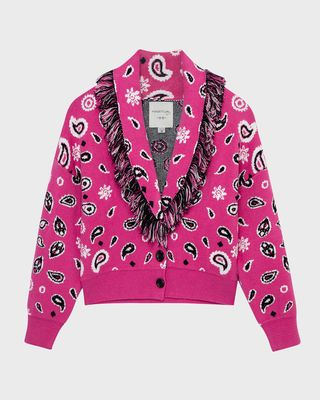 Girl's Bandana-Print Fringed Shawl Sweater, Size 7-16