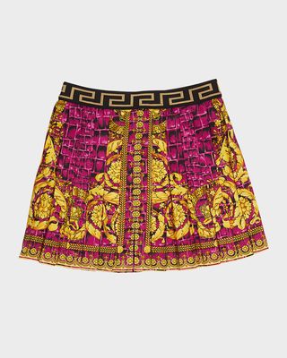 Girl's Barocco-Print Pleated Twill Mini Skirt, Size 4-6