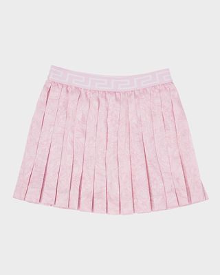 Girl's Barocco-Print Pleated Twill Mini Skirt, Size 8-14