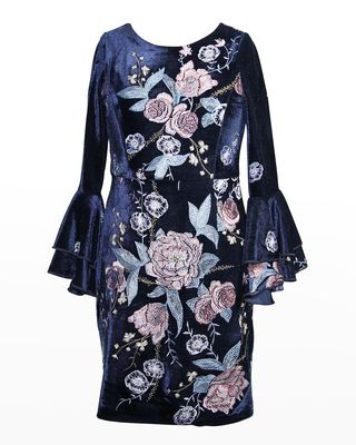 Girl's Bell-Sleeve Floral-Embroidered Velvet Dress, Size 6-14