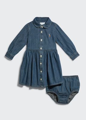 Girl's Belted Fit-and-Flare Denim Shirtdress, Size 6M-24M