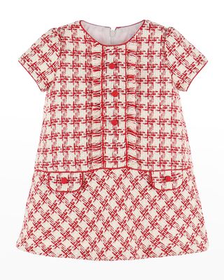 Girl's Bicolor Button Tweed Dress, Size 12-24M