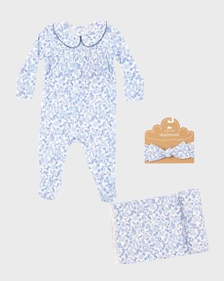 Girl's Blue Calico Smocked Footie with Blanket and Headband, Size Newborn-9M