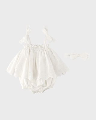 Girl's Broderie Anglaise Romper Dress and Headband Set, Size 3M-18M