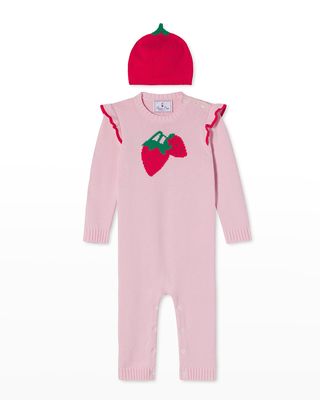 Girl's Callie Stawberry Intarsia Coverall W/ Hat, Size Newborn-24M