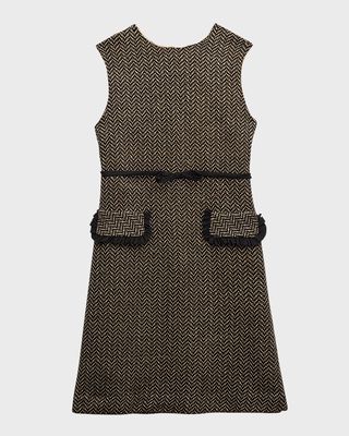 Girl's Camel Chevron Dress W/ Black Taffeta Trim, Size 7-14