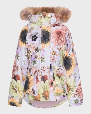 Girl's Cathy Floral-Print Fur Jacket, Size 4-6