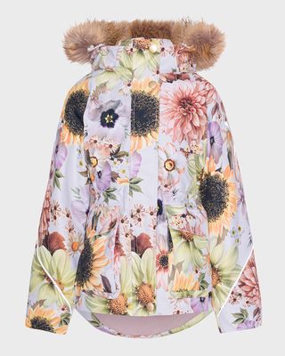 Girl's Cathy Floral-Print Fur Jacket, Size 8-12