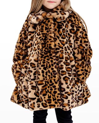Girl's Cece Faux Leopard Swing Coat, Size XXS-L