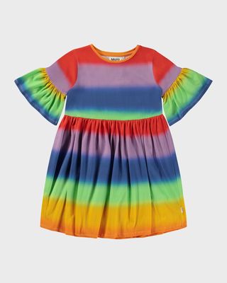 Girl's Chasity Rainbow Bell-Sleeve Dress, Size 7-12