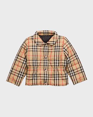 Girl's Check-Print Puffer Jacket, Size 12M-2