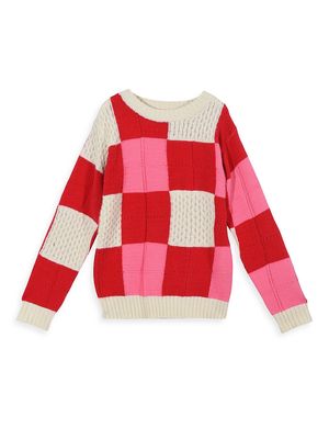 Girl's Checkered Knit Sweater - Off White - Size 8 - Off White - Size 8