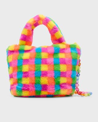 Girl's Checkered Rainbow-Print Faux Fur Bag