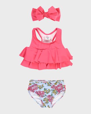 Girl's Cheerful Blossoms Two-Piece Swimsuit and Headband Set, Size 3M-8