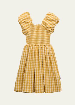Girl's Cherisla Puff-Sleeve Check Midi Dress, Size 3T-6