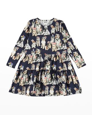 Girl's Chia Tiered Dress with Hat-Wearing Pets, Size 4-6