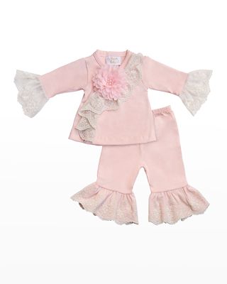 Girl's Chic Petite Lace Floral Top w/ Pants, Size Newborn-12M