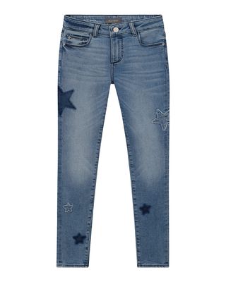 Girl's Chloe Raw-Edge Star Patch Denim Jeans, Size 7-16