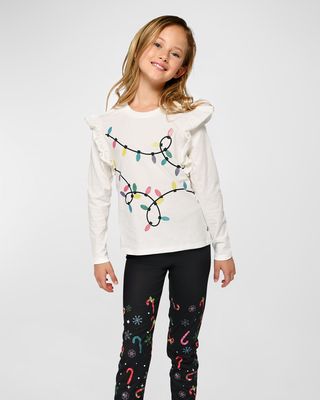 Girl's Christmas Lights Ruffle T-Shirt, Size 7-14