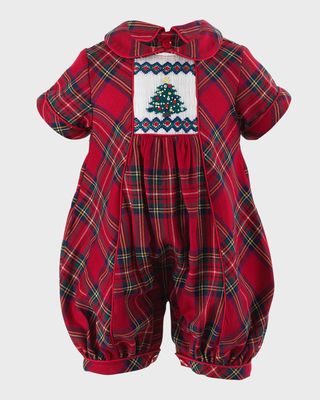 Girl's Christmas Tree Smocked Tartan Playsuit, Size 6M-24M