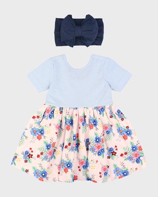 Girl's Coastal Breeze Floral Twirl Dress and Headband Set, Size 3M-8
