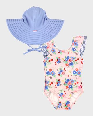 Girl's Coastal V-Back One-Piece Swimsuit and Hat Set, Size 3M-8