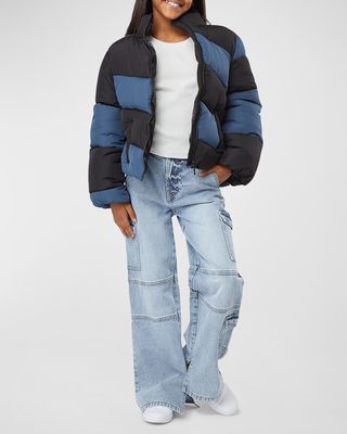 Girl's Color Block Asymmetrical Puffer Jacket, Size 7-16