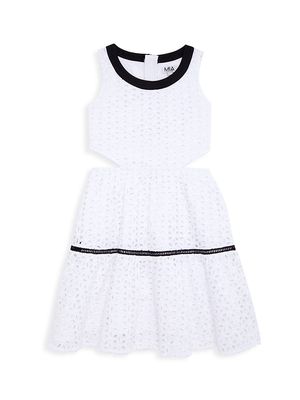 Girl's Contrast-Trim Eyelet Dress - White - Size 10 - White - Size 10