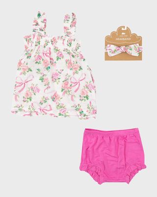 Girl's Coquette Bows Ruffly-Strap Top with Bloomers and Headband, Size 3M-24M