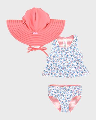 Girl's Cottage Reversible Tankini and Hat Set, Size 3M-8