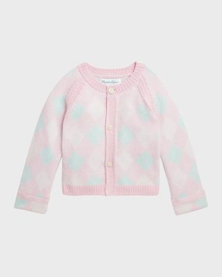 Girl's Cotton Argyle-Print Sweater Cardigan, Size 3M-24M