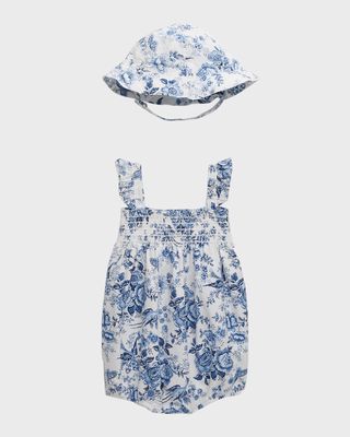Girl's Cotton-Linen Shortall & Bubble Hat Gift Set, Size 3M-24M