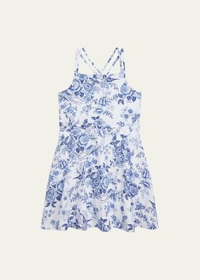 Girl's Crisscross Back Floral-Print Linen Sun Dress, Size 2-4