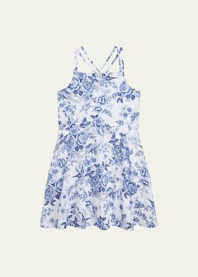 Girl's Crisscross Back Floral-Print Linen Sun Dress, Size 4-6X