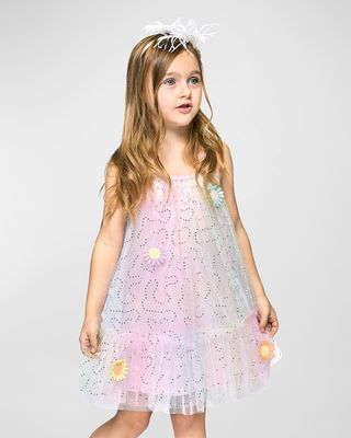 Girl's Daisy Appliques Rainbow Tulle Dress, Size 7-10