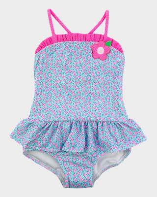 Girl's Daisy-Print Ruffle Swimsuit, Size 2-6X