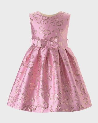 Girl's Damask Rose Embroidered Pleated Dress, Size 2-12