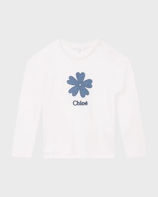 Girl's Denim Flower Logo-Print T-Shirt, Size 8-14
