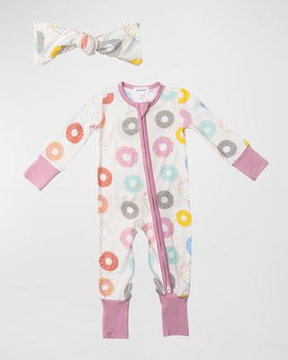Girl's Donuts Ruffle-Trim 2-Way Zip Romper & Headband Set, Size 0-24 Months