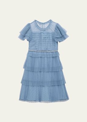 Girl's Dotted Mesh Tiered Dress, Size 4-12