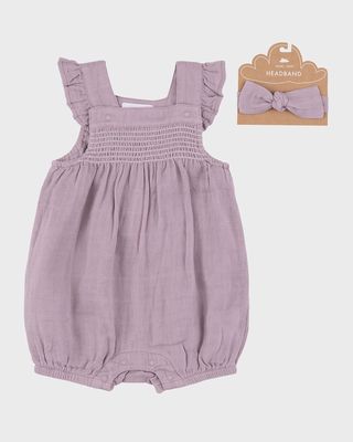 Girl's Dusty Lavender Smocked Overalls and Headband Set, Size Newborn-24M
