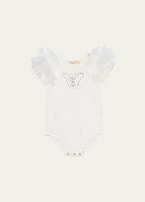 Girl's Embellished Butterfly Ruffle Trim Bodysuit, Size Newborn-24M