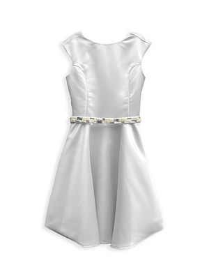 Girl's Embellished Satin Dress - Silver Satin - Size 7 - Silver Satin - Size 7